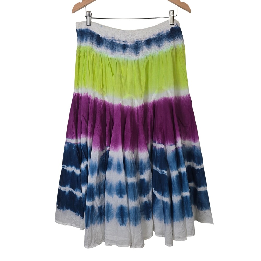 Grace Elements Tie Dye Cotton Maxi Skirt XL Purple Navy Lime Green Smocked Waist
